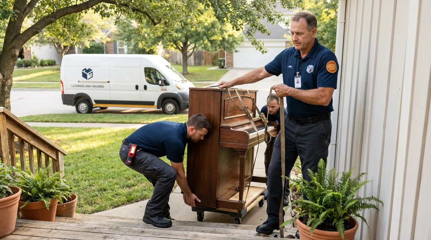Licensed piano movers securing grand piano in New Carlisle, IN