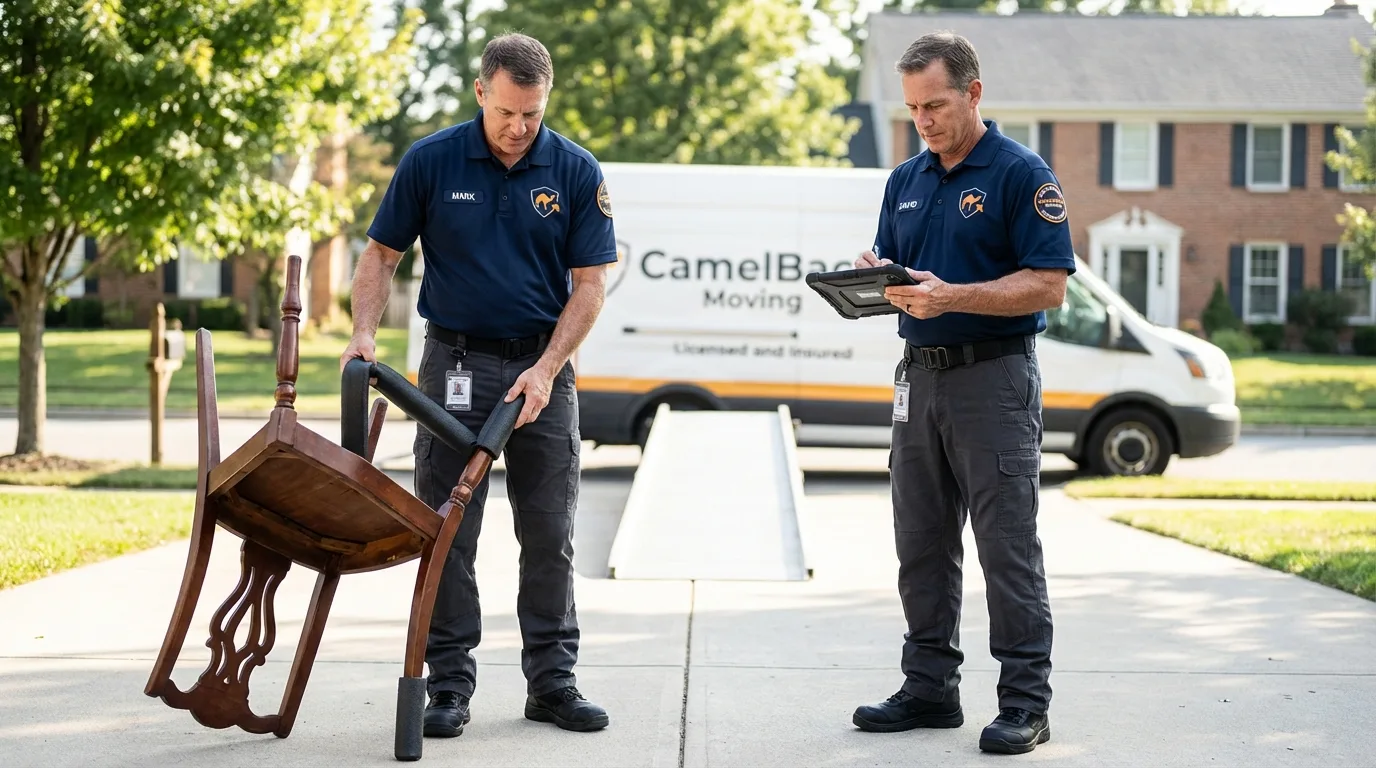 Movers inspecting furniture for damage prevention before loading in New Carlisle, IN