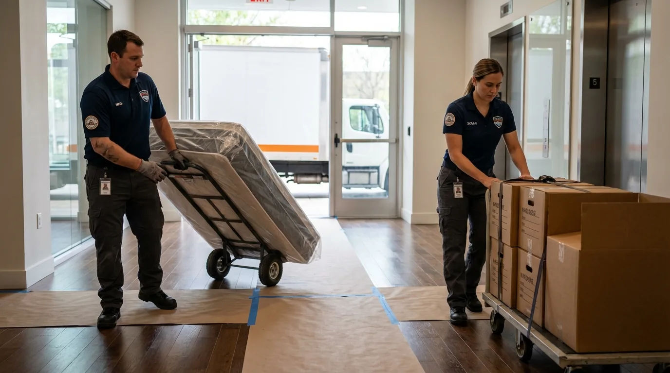 Professional apartment movers loading elevator in New Carlisle, IN