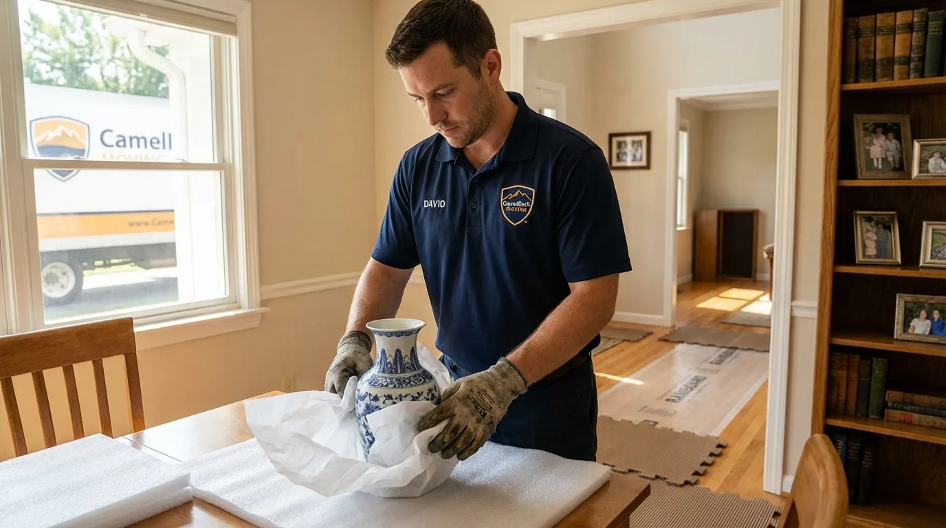 Professional crew carefully wrapping antique vase for senior downsizing move in New Carlisle, IN