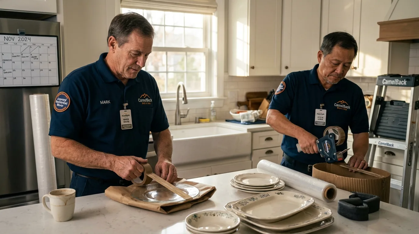 Professional crew packing kitchen dishware in New Carlisle, IN